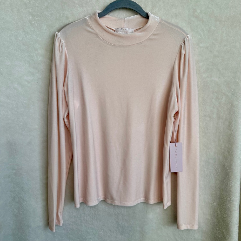 Rachel Parcell NWT Blush Pink Crystal Mock‎ Neck Puff Shoulder Velour Top Size L